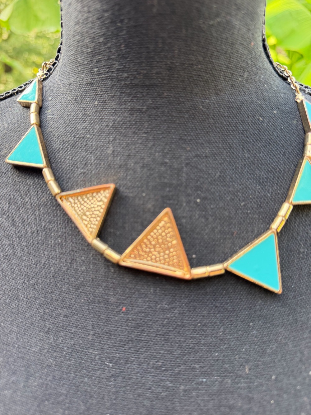 Geometric Turquoise & Antique Gold Triangle Statement Necklace - Picture 4 of 5